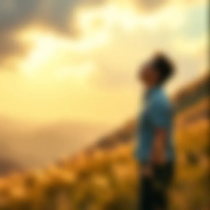 A person standing on a hill, feeling a gentle breeze and smiling, symbolizing the connection between intuition and emotional fulfillment.