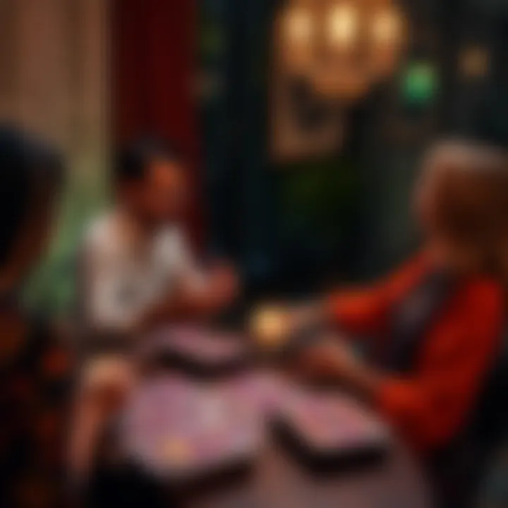 A clairmix and intuitive empath conducts a late-night energy reading session with colorful tarot cards on a table and participants focused on their questions.