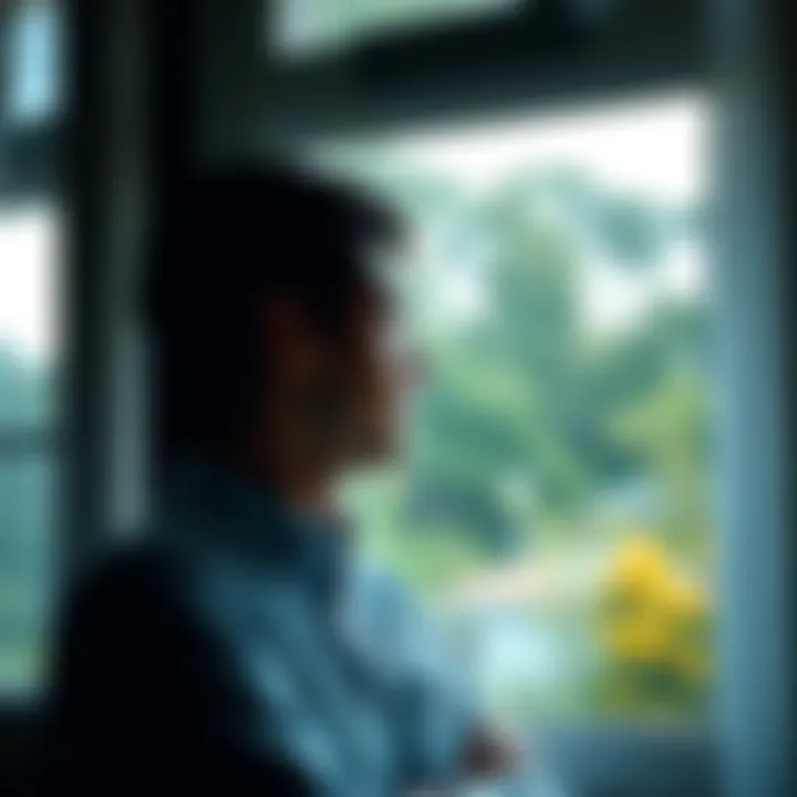 Intuitive Introvert in Reflection A thoughtful introvert gazes out a window, surrounded by nature, symbolizing the balance between isolation and connection.