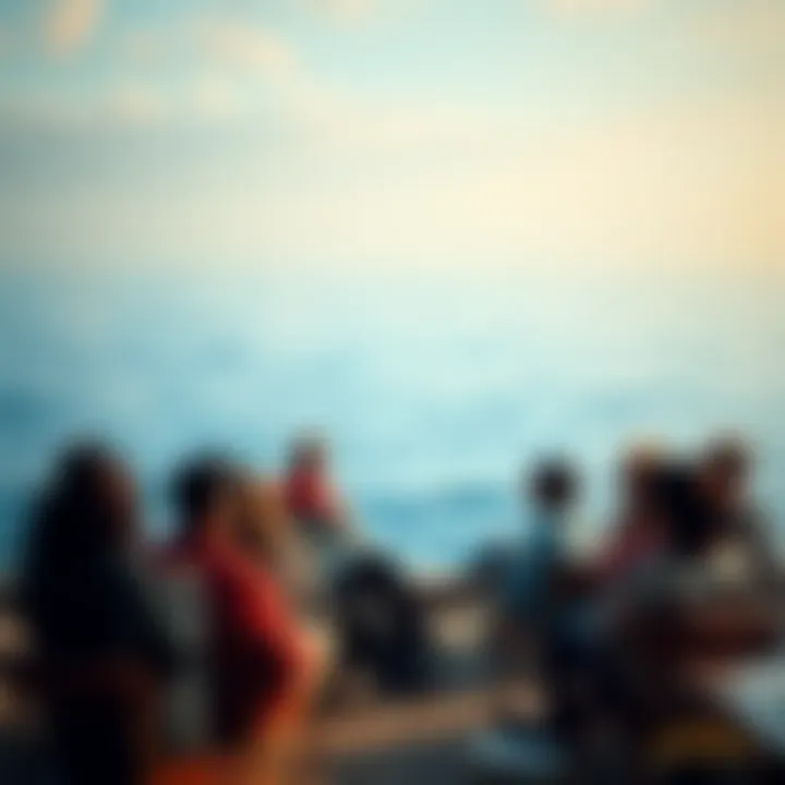 A group of people engaging in a Q&A session, sharing thoughts and personal stories about intuition and struggles, with a calm ocean background.