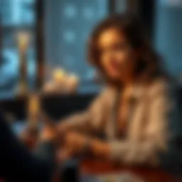 A beginner intuitive reader sitting at a table with tarot cards, inviting people to ask yes or no questions.