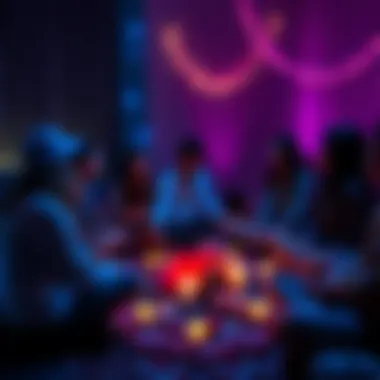 Intuitive Readings Event A group of people sitting in a circle, sharing their initials and times for intuitive readings, with candles and crystals around them.