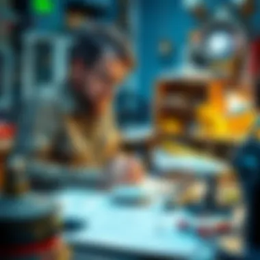 An inventor in a garage surrounded by tools, blueprints, and UFO models, focused on creating technology.