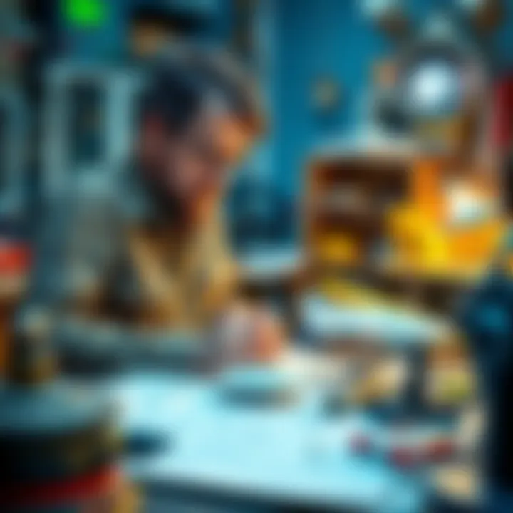 Inventor working on UFO technology An inventor in a garage surrounded by tools, blueprints, and UFO models, focused on creating technology.