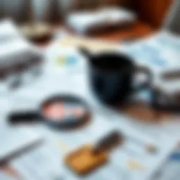 A cluttered table with investigation documents, a magnifying glass, and a coffee cup, symbolizing ongoing investigations and new findings.