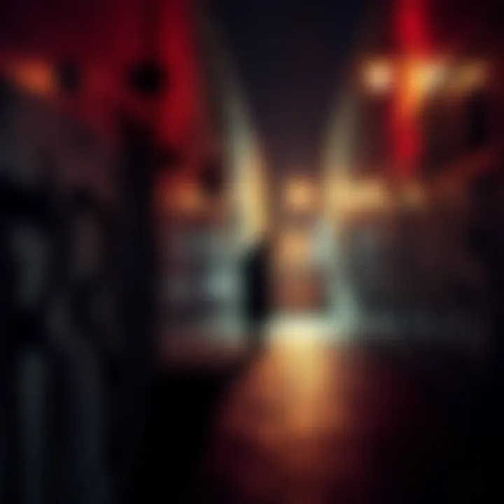 A dark alley in Los Angeles with shadows and graffiti, hinting at a conspiracy. A figure is seen observing from the side, representing suspicion and secrecy.
