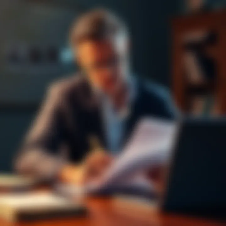 A journalist reviewing documents related to the Epstein case, looking concerned and focused at a desk with a notepad and laptop.