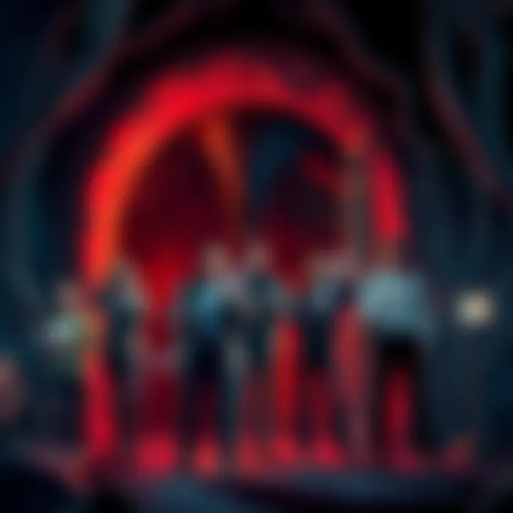 A group of reporters examining the dark entrance of The Beast's lair, armed with flashlights and notepads, ready to uncover hidden activities.