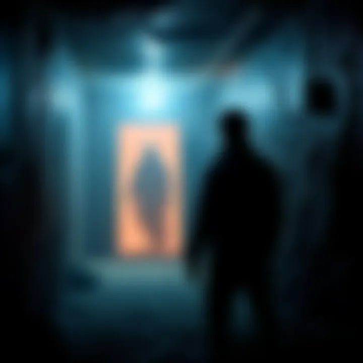 A scared investigator stands at the entrance of a dark basement, looking at a strange creature that seems to be luring them closer. The dim light reveals a shadowy figure with unsettling features.