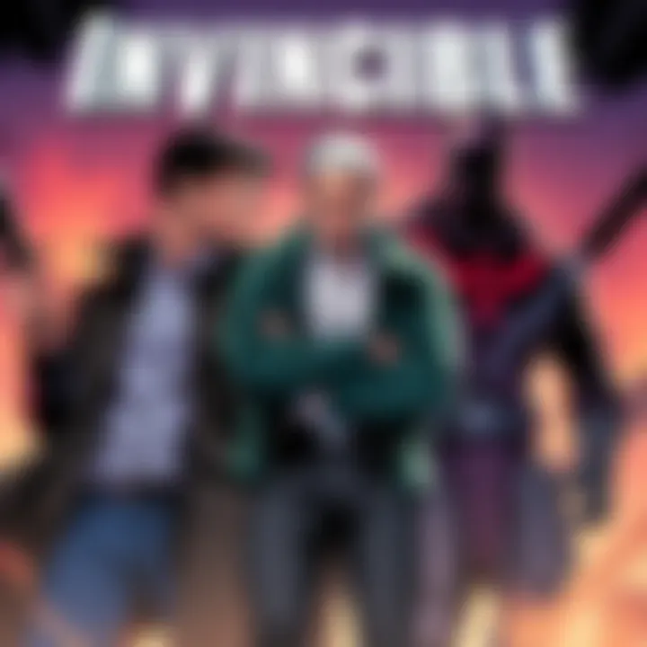 Invincible Character Showcase A dramatic scene featuring Invincible, his father Nolan, and the character Conquest in a comic-style illustration, highlighting their complex relationships and intense moments from the series.