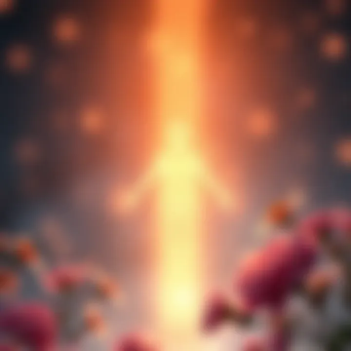 Invisible companion symbolizing love and support A glowing figure representing an invisible being, radiating warmth and comfort, surrounded by soft light and gentle flowers, embodying love and acceptance.