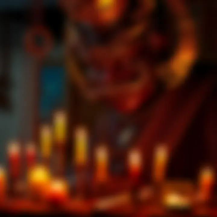 A person performing a ritual with candles and symbols, representing the invocation of Ereshkigal in a mystical setting.