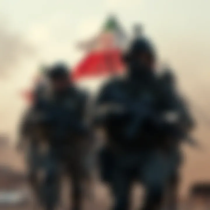 A depiction of military forces from Iran and America in a tense standoff, highlighting the threat of nuclear escalation.