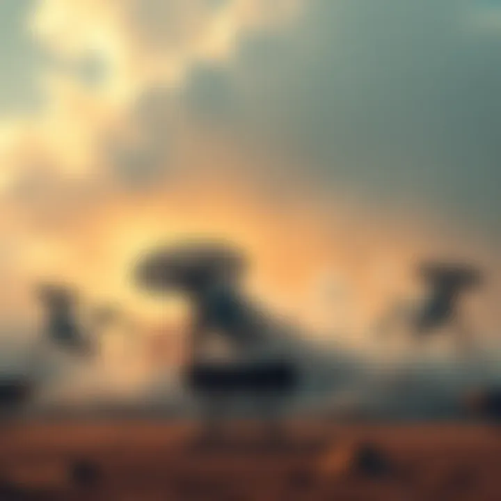 Smoke and debris from the destroyed HARP array in the UAE, signaling the end of a long drought with rain clouds forming above.