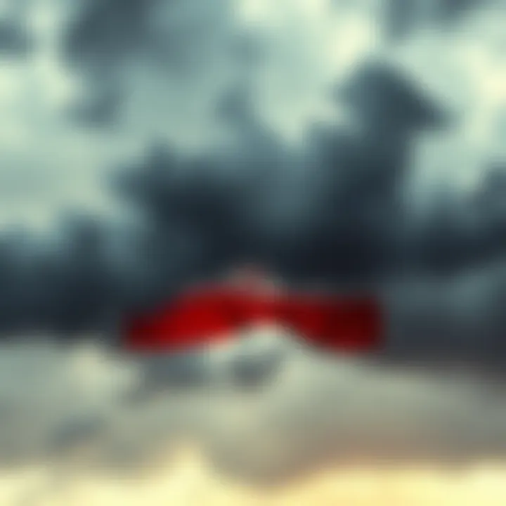A dramatic image showing the Iranian flag with dark clouds overhead, symbolizing tension and uncertainty.