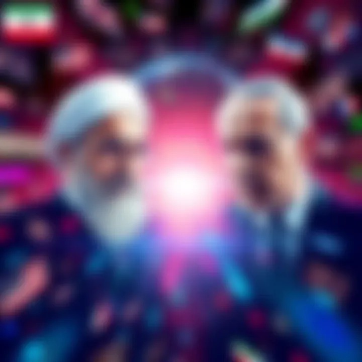 A graphic showing the leaders of Iran and Israel with symbols representing their nations, surrounded by media headlines about their rivalry and distractions.