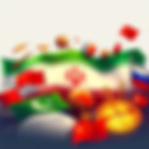 An illustration showing the Iranian flag alongside symbols of nuclear weapons and global alliances, representing the political tension surrounding nuclear arms.