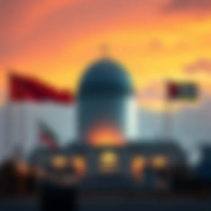 A visual representation of Iran's nuclear facility with international flags, suggesting global tensions around nuclear capabilities.