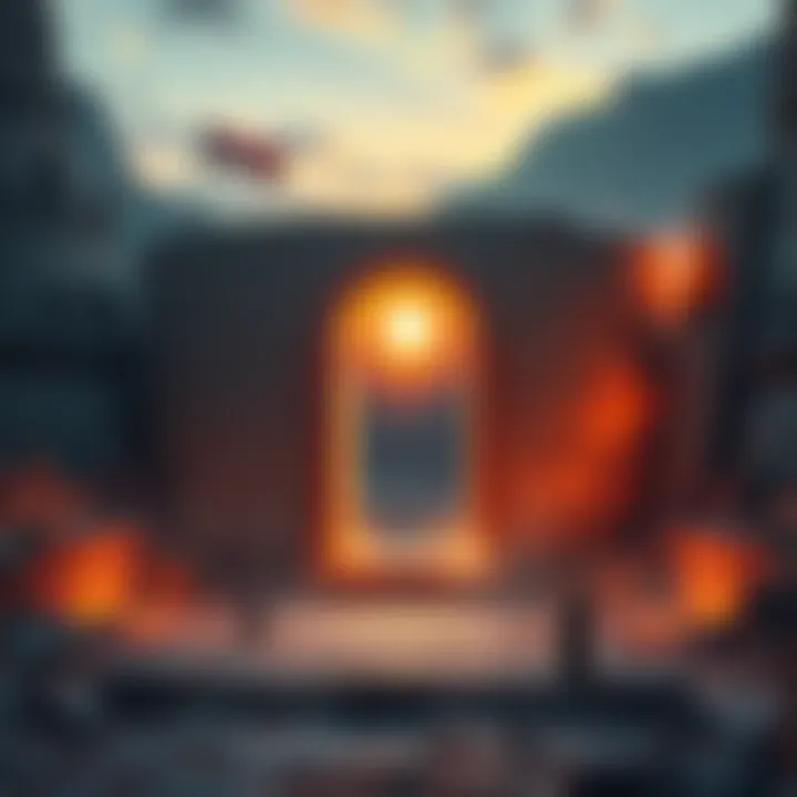 An ancient power point in Iran, representing a stargate with an energy glow, surrounded by historical symbols and landscapes.