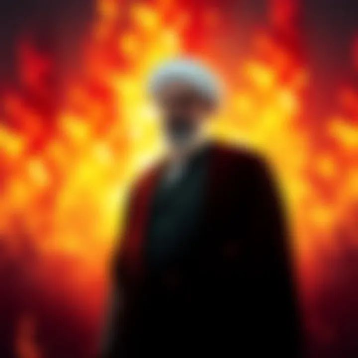 The newly elected Supreme Leader of Iran stands in front of a backdrop of flames, symbolizing the ongoing conflicts and desire for revenge after recent airstrikes. He looks determined and surrounded b...