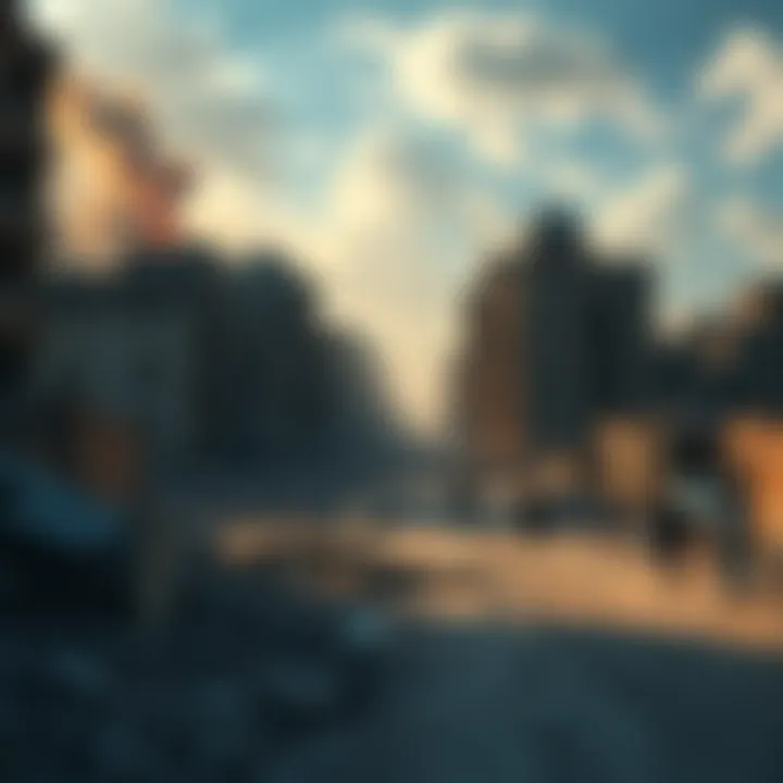 A devastated cityscape showing bombed buildings and debris, illustrating the impact of the Iran War on human lives.