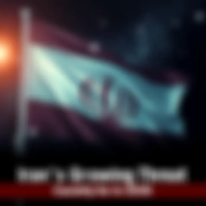 An Iranian flag with caution symbols, representing rising tensions and threats to global security, set against a dark backdrop.