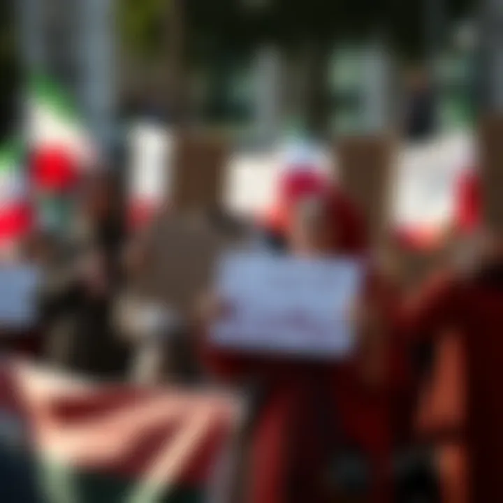 A group of Iranian women holding signs and banners demanding equal rights, demonstrating in a public space, showcasing their determination and solidarity.