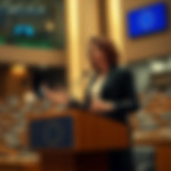 Irene Montero stands at a podium in the EU Parliament, passionately advocating for political changes regarding migrants and communities of color