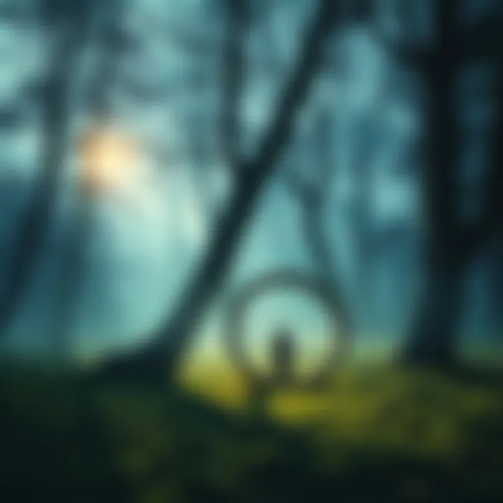 A serene landscape depicting a fairy ring in a forest with soft glowing lights and shadows of a headless horseman in the distance.