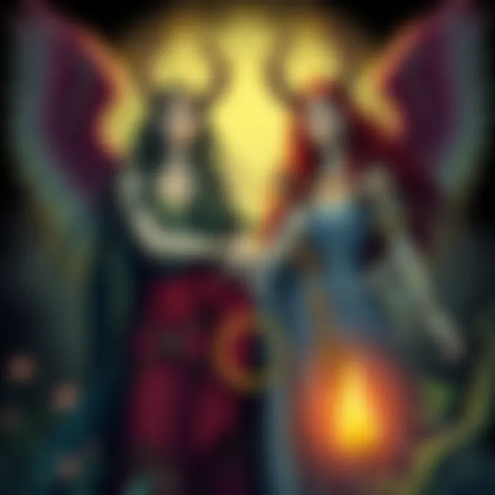 An illustration representing Brigid and the Morrigan with Celtic symbols and nature elements