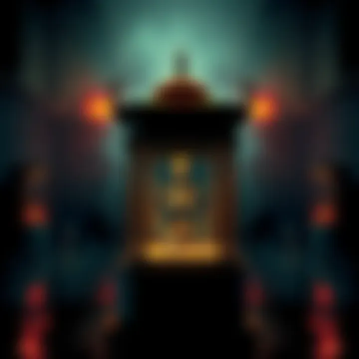 A darkened museum with the Iron Maiden exhibit illuminated, evoking mystery and intrigue.