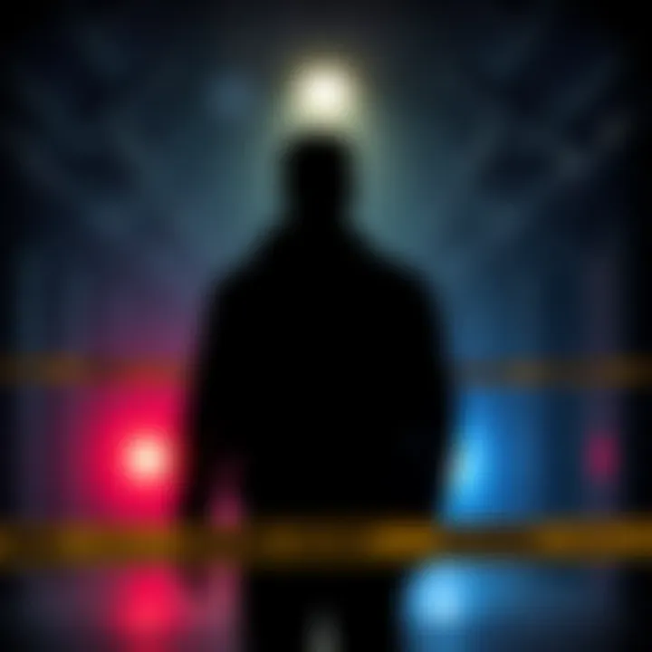 A dark silhouette of a man against a backdrop of police tape and flashing lights, symbolizing a crime scene investigation.