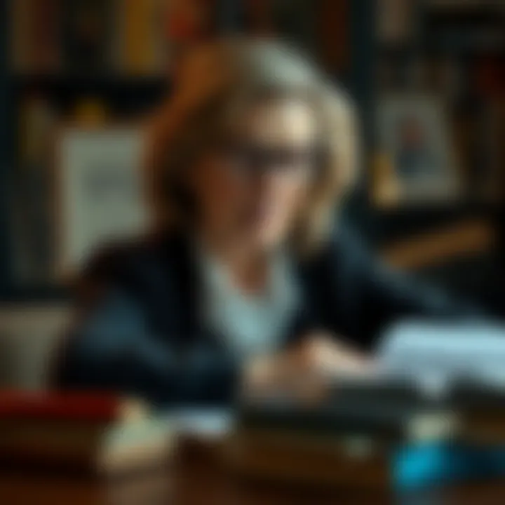 Portrait of Isabel Myers-Briggs reflecting on Carl Jung's theories with books and notes around her.