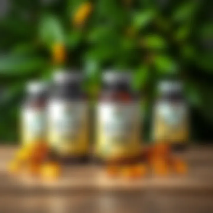 Bottles of Isha Life neem and turmeric capsules on a wooden table with green leaves in the background