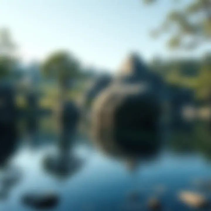 Ishi-no-Hoden Megalith in Pond A large 500-ton stone sits in the center of a calm pond, appearing to float, surrounded by trees and greenery.