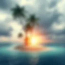 A tropical island with palm trees and a beach, symbolizing hope for a breakthrough that has not occurred, with a cloudy sky to suggest uncertainty.