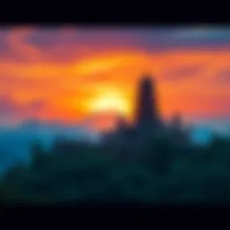 A scenic view of the Island Temple surrounded by lush greenery and a vibrant sunset sky.