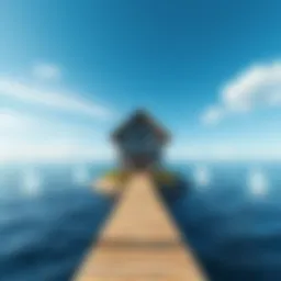 A wooden house standing alone on a small island surrounded by ocean; calm water and blue sky in the background.