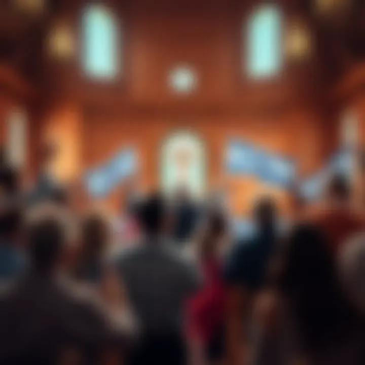 A diverse group of American evangelicals in a church setting discussing Israel, showing enthusiasm and connection, with flags and symbols of support visible