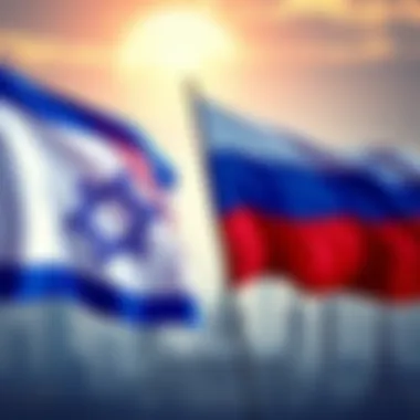 Israel and Russia Tensions A flag of Israel next to a flag of Russia, symbolizing rising tensions between the two countries with a backdrop of global landmarks.