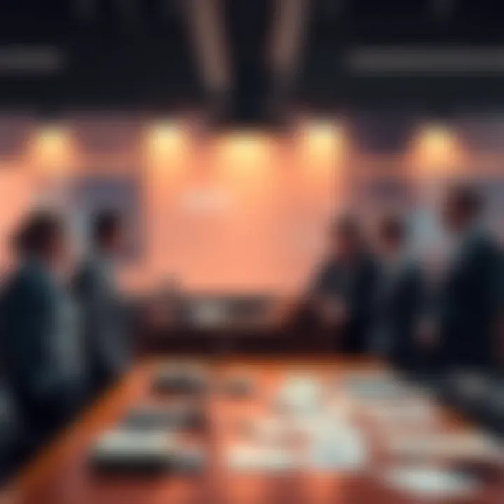 A group of people discussing theories about Israel's influence on the US, standing around a table with papers and laptops, engaged in conversation.