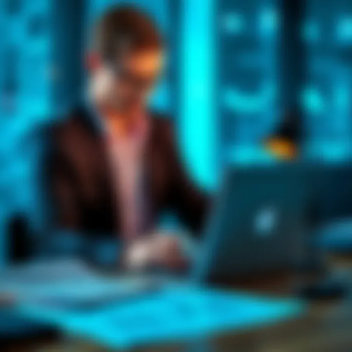 An IT professional looking at a laptop with financial documents on the table, symbolizing career growth and debt management.