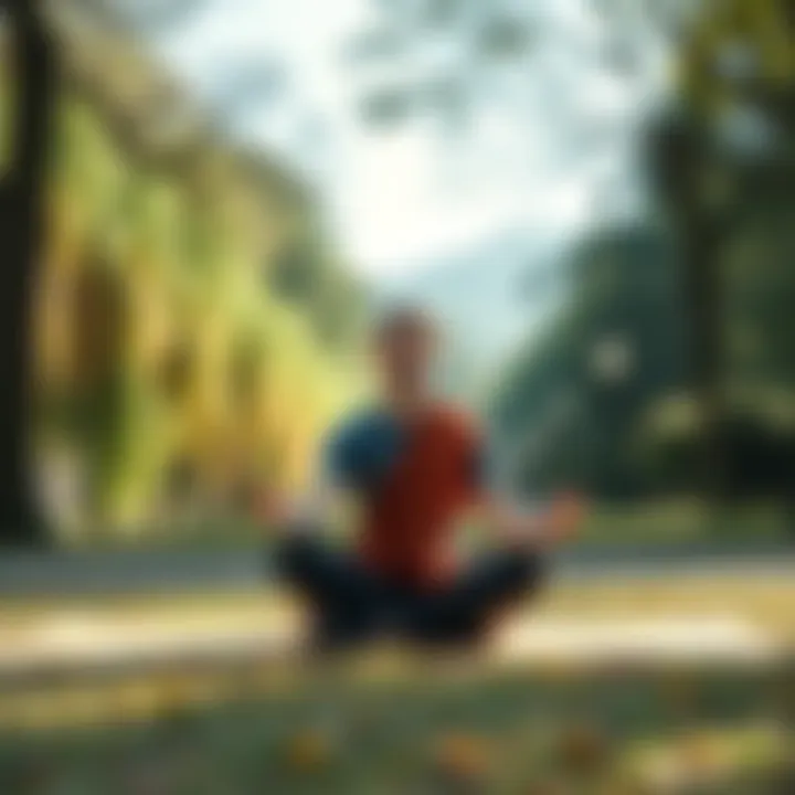 Italian man exploring Buddhism A 25-year-old Italian man sitting on a yoga mat in a serene park, practicing meditation and looking peaceful, surrounded by nature.