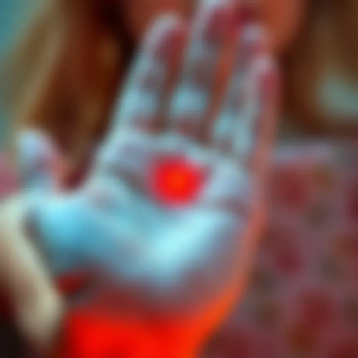 A close-up view of a woman's right palm showing redness between the index finger and thumb, indicating an itchy sensation.