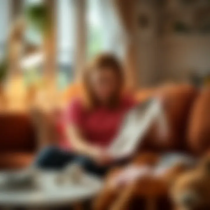 A woman in her thirties sits in a cozy living room, looking through baby clothes and ultrasound photos, reflecting on her emotional journey of IVF and motherhood.