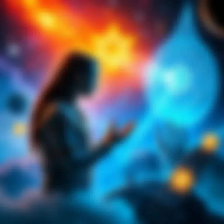 J2 Psionic and The Lady J2 Psionic speaking with a glowing interdimensional being called The Lady, surrounded by cosmic elements and symbols of consciousness evolution.