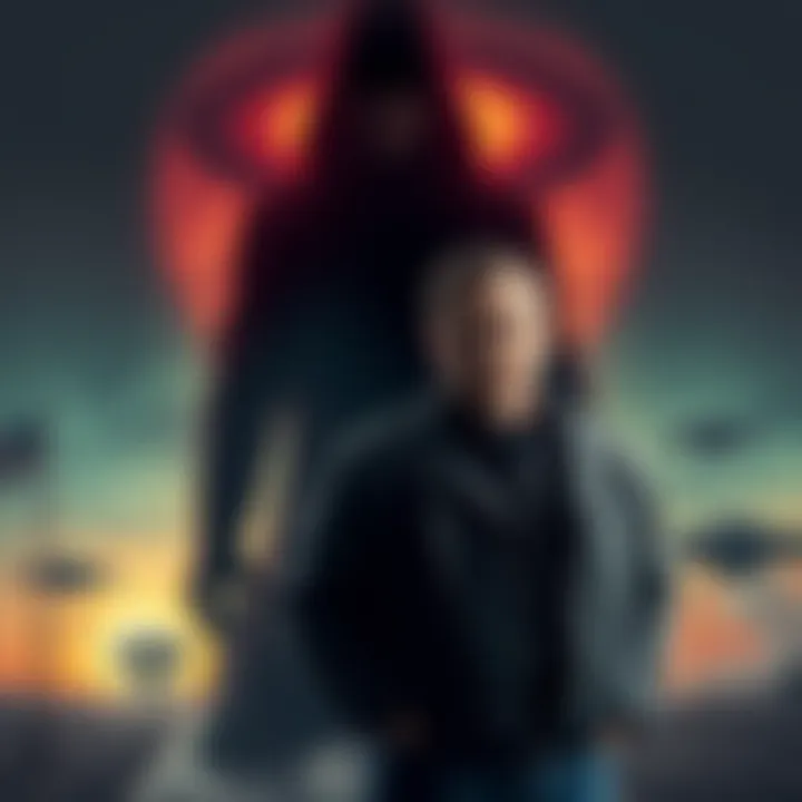 J. Patrick Coyne stands next to a shadowy figure representing MJ-12, with historic events like Roswell illustrated in the background.