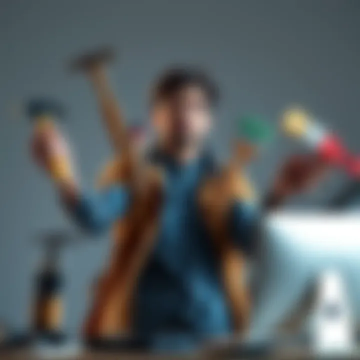 A person juggling various tools representing different skills like a hammer, paintbrush, and computer, symbolizing being a jack of all trades
