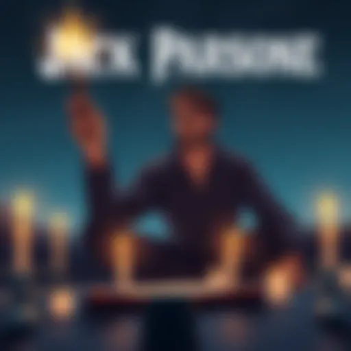 An illustration of Jack Parsons performing a ritual under a starry sky, with symbols and candles around him.