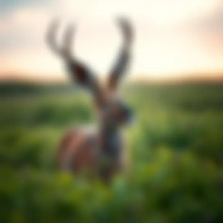 A jackalope depicted in a grassy field, combining features of a rabbit and antelope, with antlers and large ears.